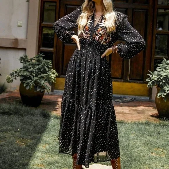 Boho gypsy floral embroidered dot black maxi dress sheer long sleeve - Picture 2 of 10